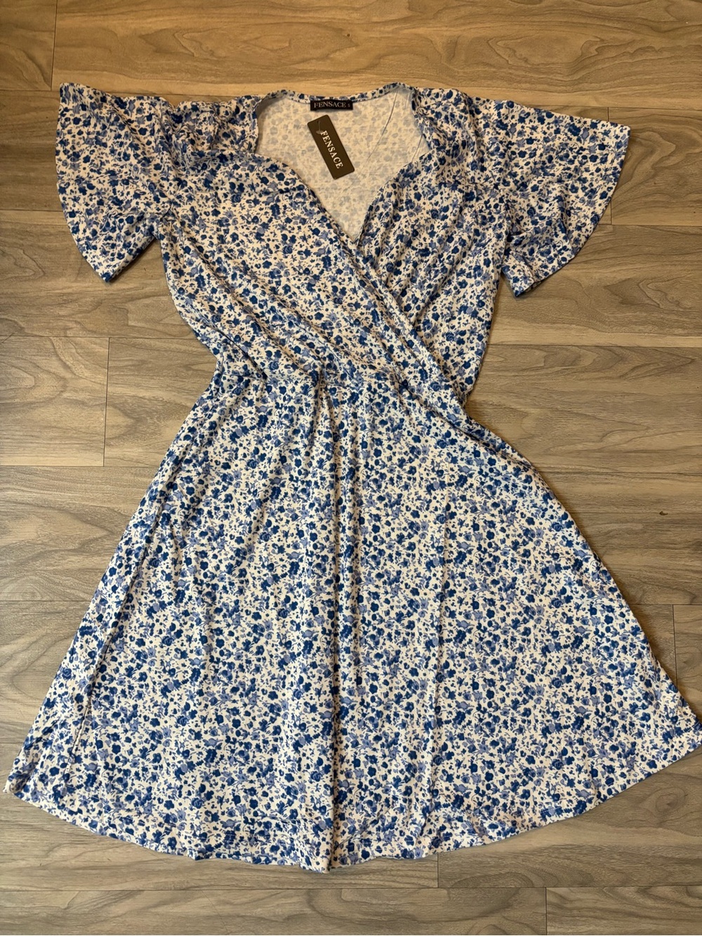 Renee C. White and Blue Floral Wrap Dress